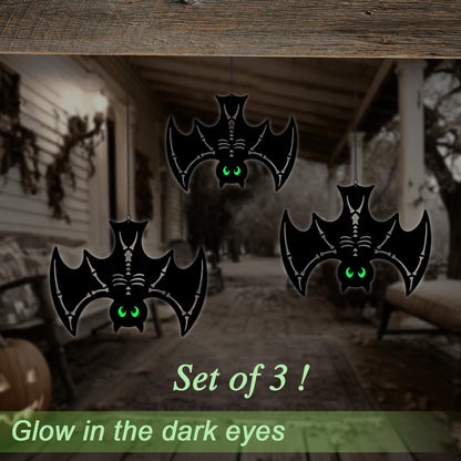 3pcs Metal Hanging Bats Outdoor Halloween Decorations,Black Bat with Glow in The Dark Eyes for Indoor/Outdoor,Halloween Decor