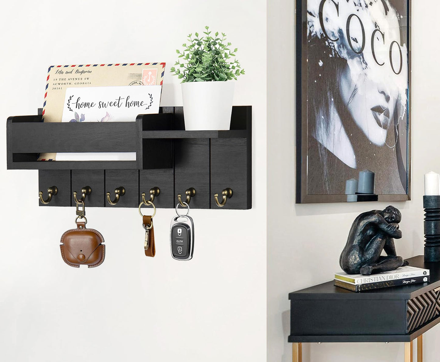 RelaxScene Key Holder Wall Mount - Decorative Key Rack and Mail Organizer with 6 Key Hooks - Wooden Key Hanger with Shelf for Living Room Decor - Rustic Farmhouse Home Entryway Aesthetic Essentials