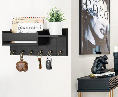 RelaxScene Key Holder Wall Mount - Decorative Key Rack and Mail Organizer with 6 Key Hooks - Wooden Key Hanger with Shelf for Living Room Decor - Rustic Farmhouse Home Entryway Aesthetic Essentials