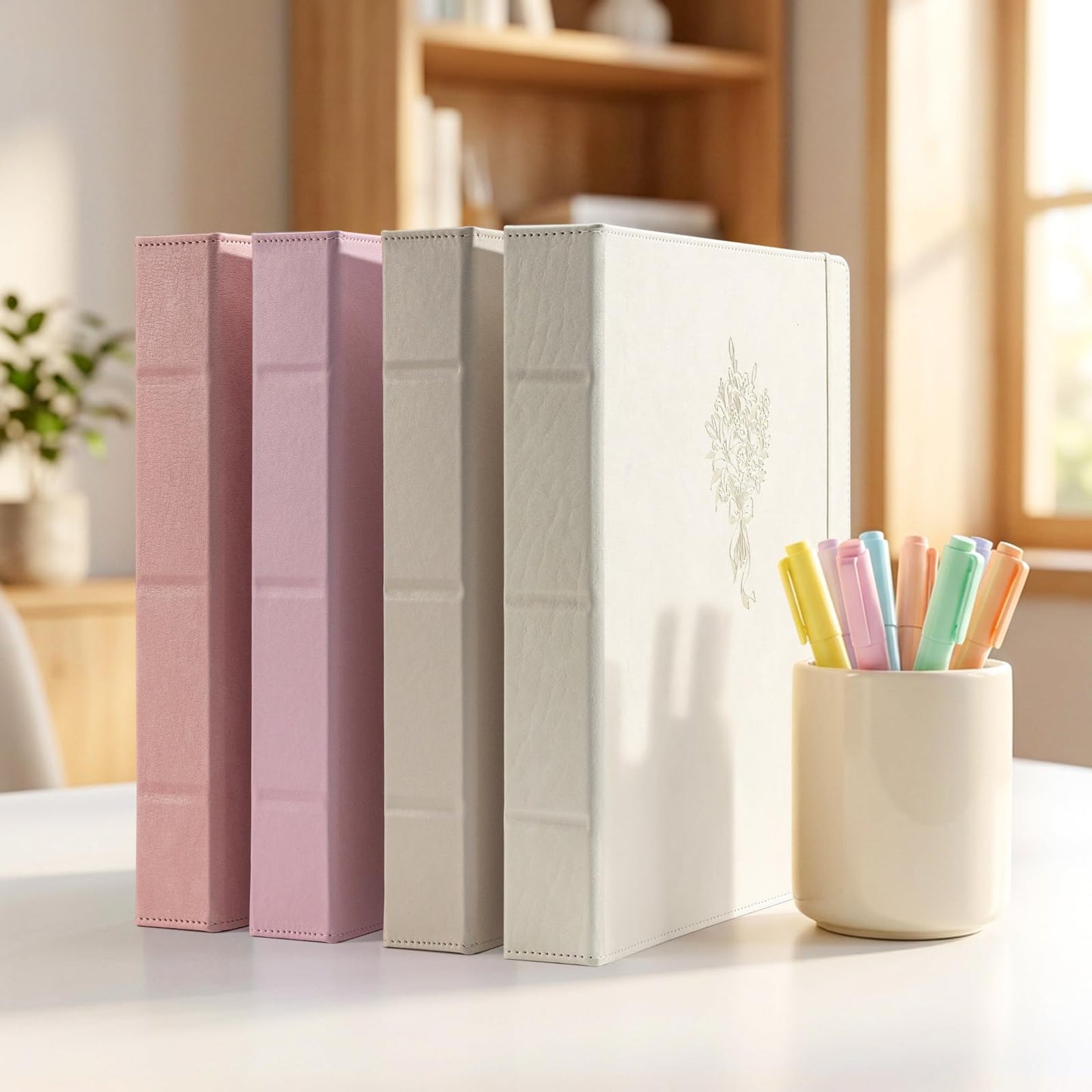 Ospelelf Leather 3 Ring Binder for Letter Size Documents with PVC Pocketed Dividers, 1 Inch Round Rings, Holds 175 Sheets, Binders with Storage Bag & Notepad, for Office School Home Organization, pink