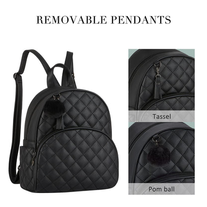 ECOSUSI Mini Backpack for Women Leather Small Backpack Purse for Ladies Cute Pom Bookbag Travel Shoulder Bag with Charm Tassel Black