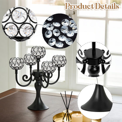 5 Arm Metal Crystal Candelabra Centerpiece - 13.4 Inch Elegant Candle Holder with Crystal Beads for Wedding Party Christmas Home Dining Table Decoration (2, Black)