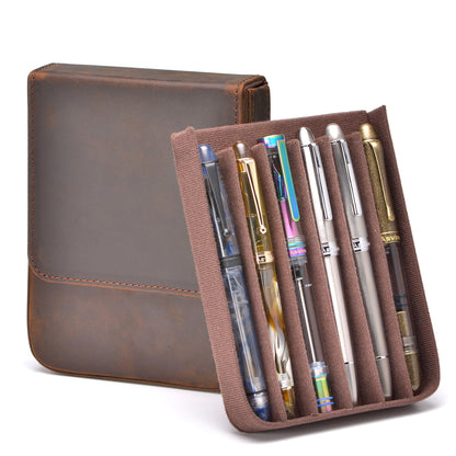 Lanxivi Genuine Leather Fountain Pen Case 6 Slot Crazy Leather Organizer, Portable Pen Bag Pouch Drawer Style