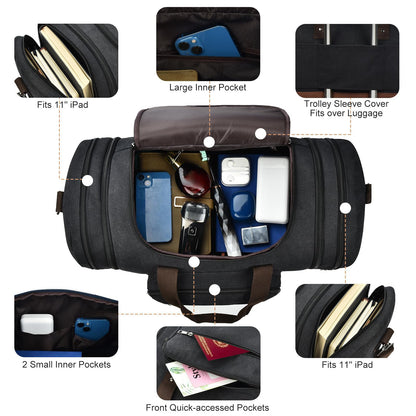 Litvyak Duffle Bag for Travel, 50L Canvas Travel Duffel Bags Overnight Weekend Gym Carry On Luggage Bag for Men & Women(Black+Toiletry Bag)