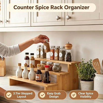 JinDoWin 3 Tiered Spice Rack Organizer for Cabinet,Spice Organization for Cabinet, Seasoning Organizer,Spice Shelf and Spice Organizer for Cabinet,Pantry Organizers and Storage (2 Pack, Medium)