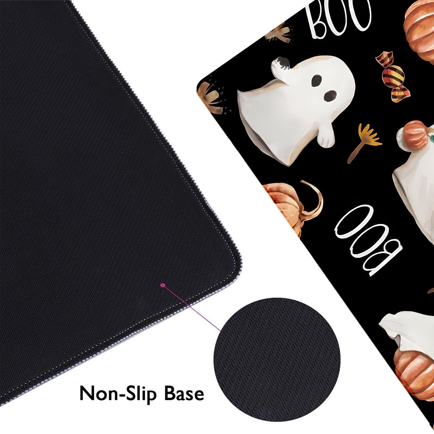 HUOCAIREN Boo Happy Halloween Large Mouse Pad, Cute Ghosts Black Desk Pad, Ripe Pumpkins Desk Mat, Computer Gaming Mouse Pad, Non-Slip Mousepad Playmat with Stitched Edges for Gamer Home & Office