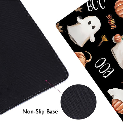 HUOCAIREN Boo Happy Halloween Large Mouse Pad, Cute Ghosts Black Desk Pad, Ripe Pumpkins Desk Mat, Computer Gaming Mouse Pad, Non-Slip Mousepad Playmat with Stitched Edges for Gamer Home & Office