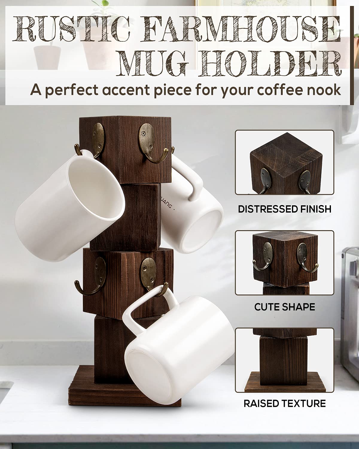 PUERSI Coffee Mug Holder for Counter, Rustic Solid Wood Mug Tree, Farmhouse Wooden Coffee Cup Rack with 8 Hooks (Rustic Brown)