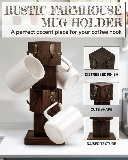 PUERSI Coffee Mug Holder for Counter, Rustic Solid Wood Mug Tree, Farmhouse Wooden Coffee Cup Rack with 8 Hooks (Rustic Brown)
