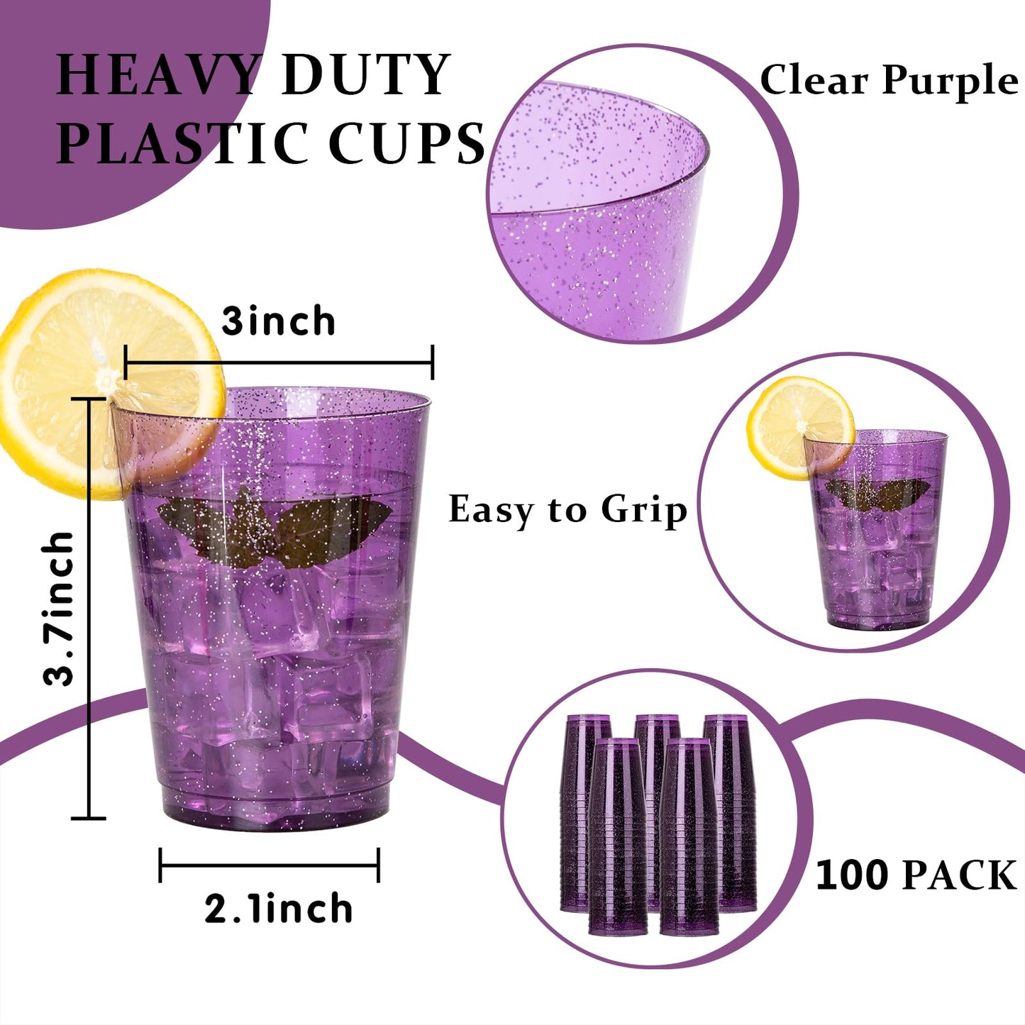 DaYammi 100 Pack 10 oz Purple Plastic Cups- Disposable Cups Tumblers, Elegant Purple Glitter Party Drinking Cup Perfect for Wedding Purple cups Perfect for Party Wedding Bridal Shower