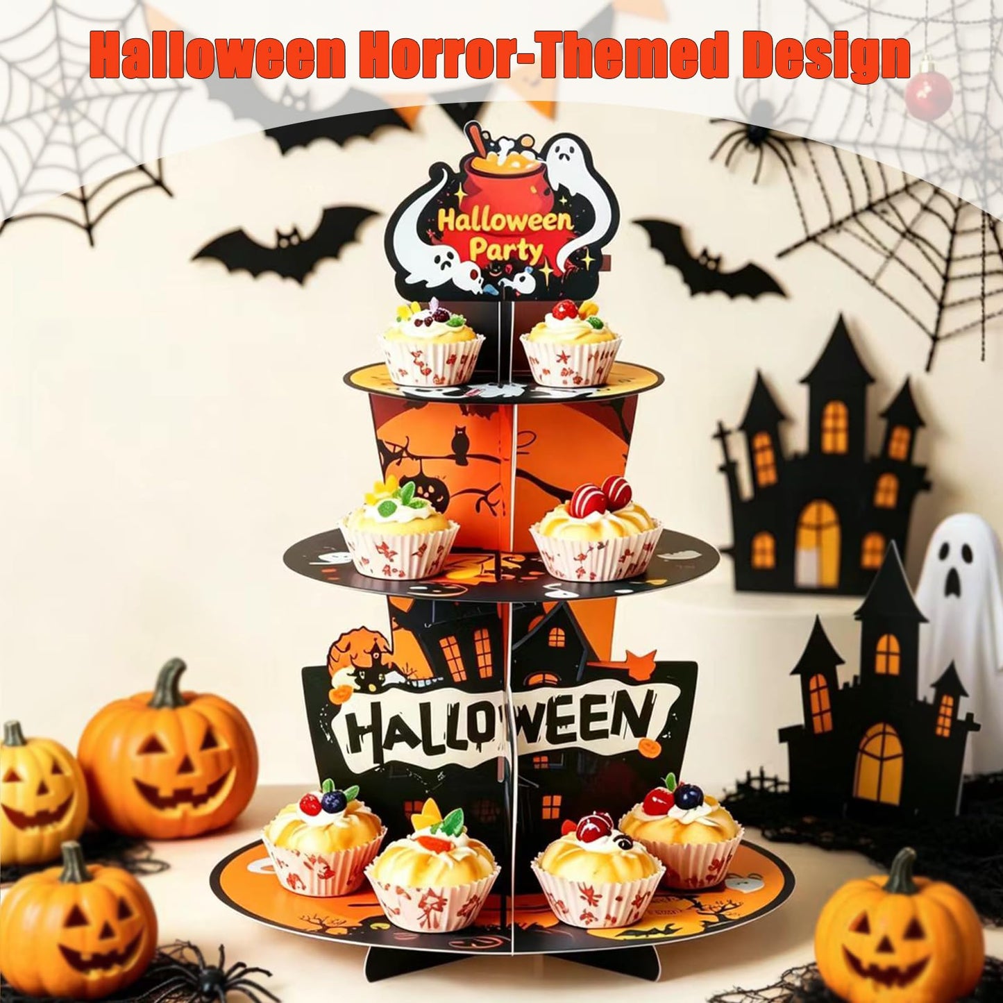 2PCS 3-Tier Halloween Paper Cupcake Stand, Halloween Themed Dessert Display Rack, Heavier-Gauge Paper Display Stand for Home Party & Dessert Serving (Multicolor)