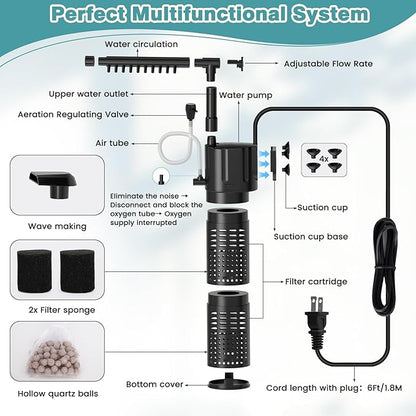 hygger Internal Aquarium Filter, 5-in-1 Submersible Power Fish Tank Filter, Adjustable Wave Maker & Air Bubbler, Quiet Turtle Tank Filter for 15-30 Gallon Freshwater Saltwater, 210GPH, 10W