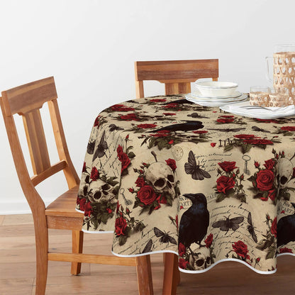 Horaldaily Halloween Tablecloth 70×70 Inch Round, Crow Skeleton Roses Washable Table Cover for Party Picnic Dinner Decor