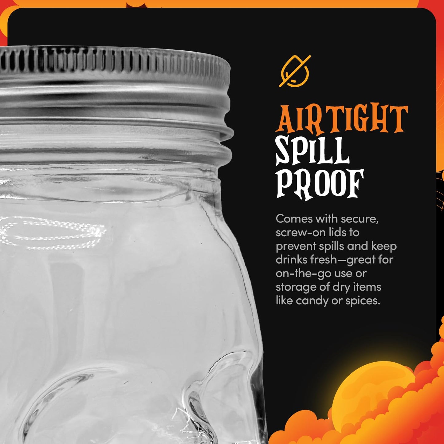 DURA LIVING Set of 2 Skull Mason Jar Glasses with Lids | 16oz Reusable Halloween Drinking Glasses | Unique Skull Décor, Storage, & Canning Jars for Parties & Gifts