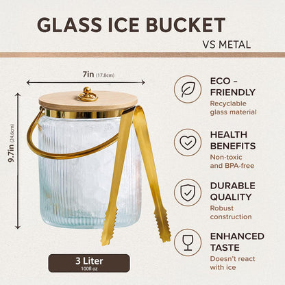 Le'raze Glass Ice Bucket with Airtight Lid, Tong Scooper and Handle - 3L Ribbed Beverage Tub Cocktail Home Bar Accessories, Wine, Beer Chiller for Parties, Champagne Drink Cooler Hinged Handles