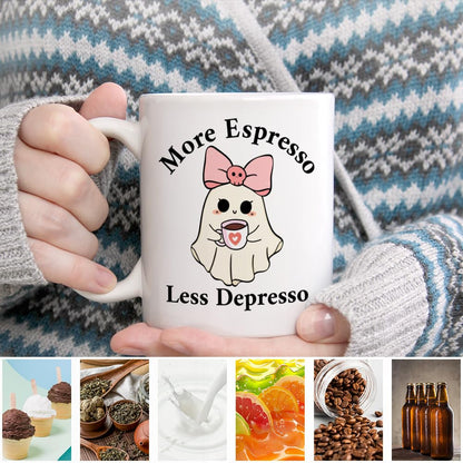 LAGZDFC More Espresso Less Depresso Ceramic Coffee Mug for Women, Funny Halloween Ghost 11oz Coffee Mug Gifts for Coworker Mom, Caffeine Lover Gifts, Anxiety Relief Mugs, Mental Health Humor Present