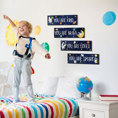 Yookeer 4 Pcs Space Room Decor for Kids Boys Outer Space Wall Art Bedroom Decor for Nursery Classroom Astronaut Galaxy Posters Spaceman Wood Sign Be Brave and Be Kind for Baby Boy(You)