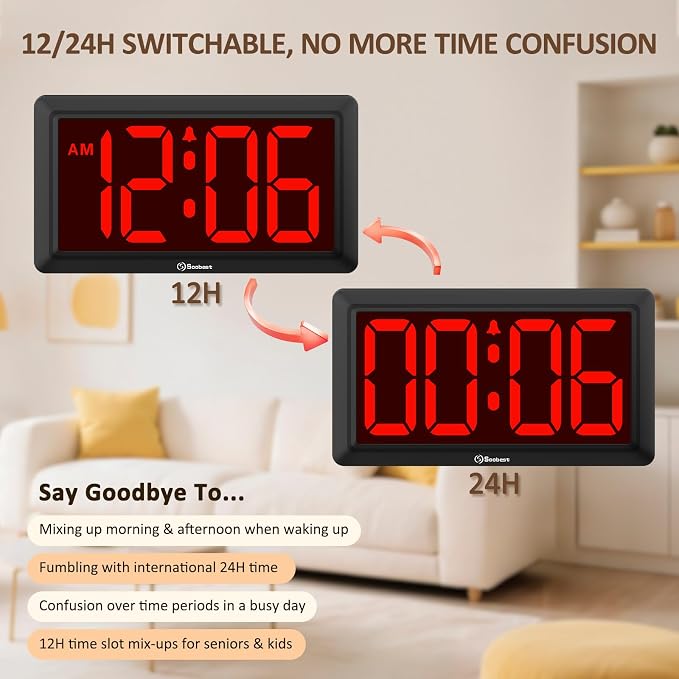 Soobest 9.5 Inch LED Digital Wall Clock Battery Operated, Auto & Manual Dimmer Display, Easy to Read Big Digits with Alarm for Seniors, Modern Decor for Living Room, Bedroom, Office (3.2" Numbers)