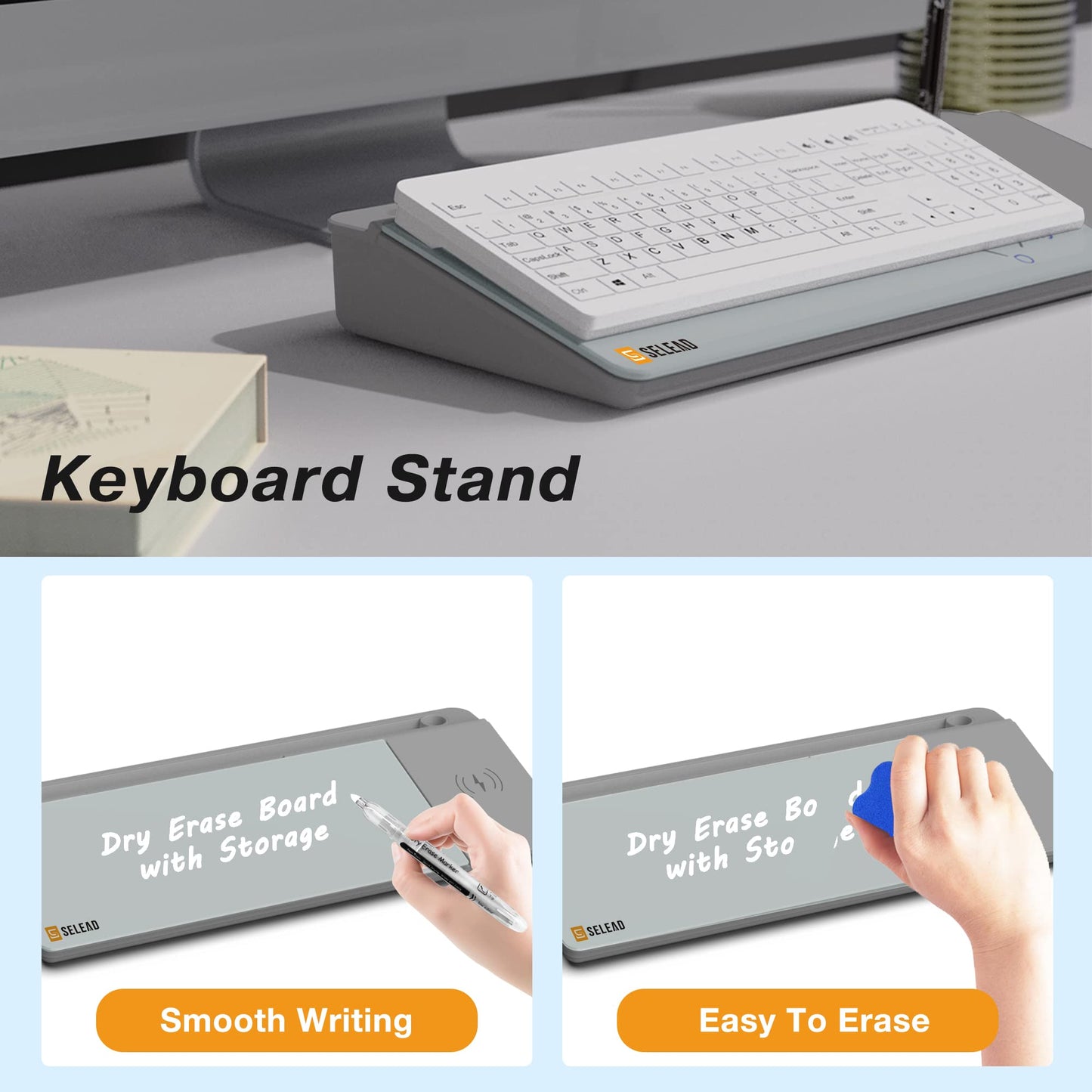 SELEAD Desktop Glass Whiteboard with Wireless Charger Station, Dry Erase White Board Computer Pad Keyboard Stand with Organizer for Home, School, Office Desk Accessories, Gray