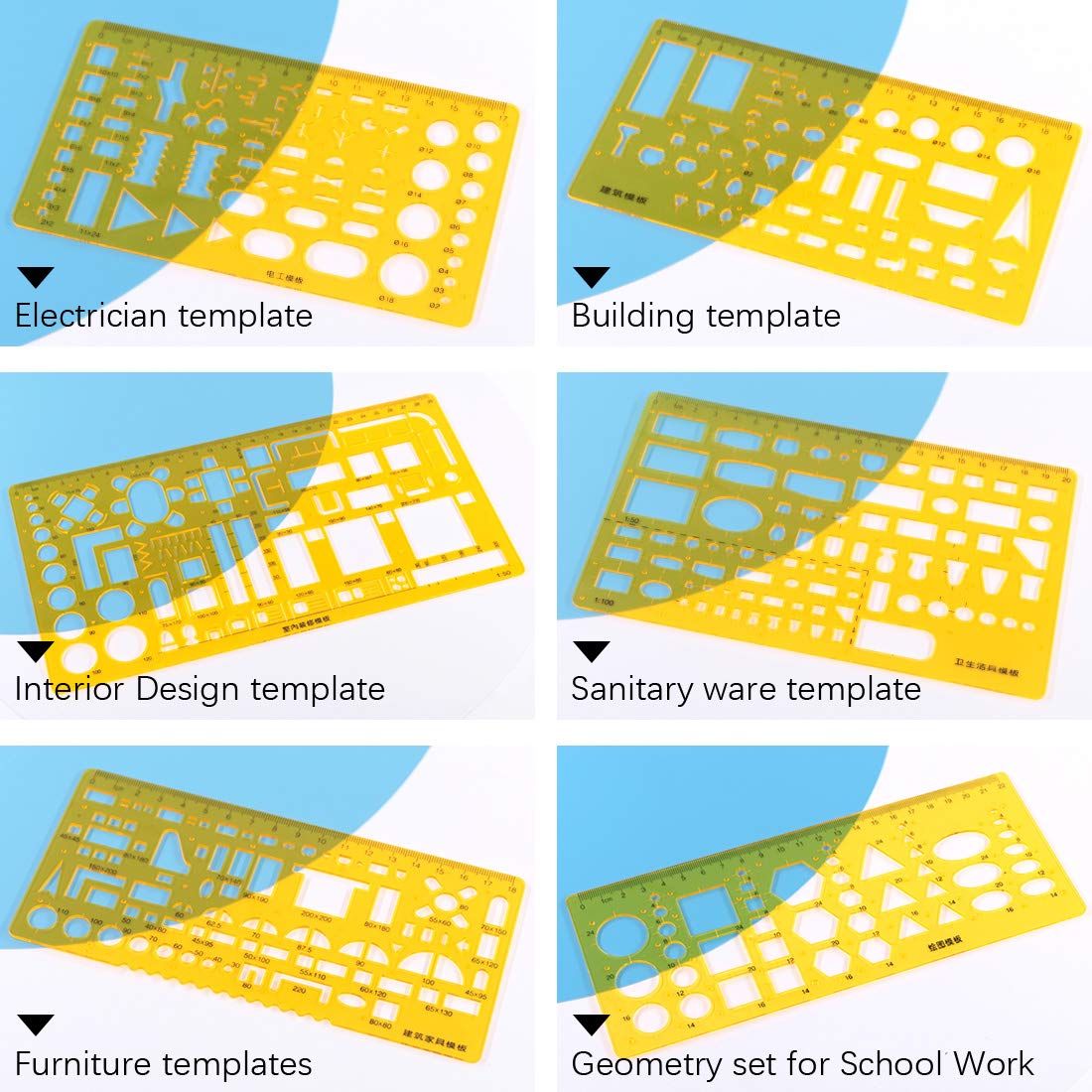 Keadic 12Pcs Geometric Drawings Templates, Geometry Ruler Plastic, Clear Shape Template Yellow Architect Scale Measuring Ruler Drafting Stencils Measuring Tools for Designing and Building