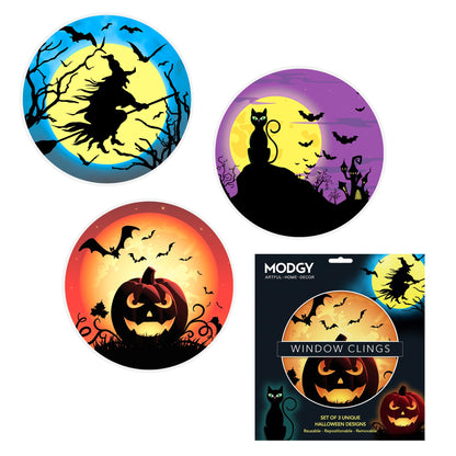 MODGY Window Art Clings, Decal Stickers and Decorations for Glass, Peel and Stick Decor, Removable, Reusable, 9 Inches Each, Set of 3 Per Sleeve, Halloween