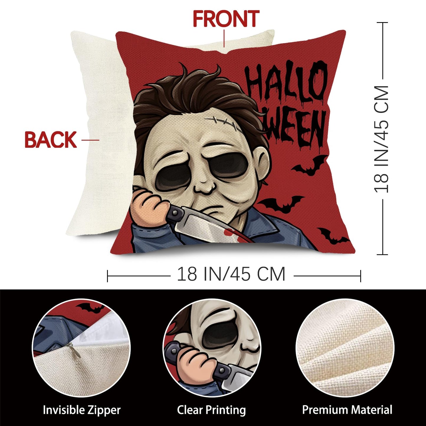 Pycat Halloween Horror Movie Characters Decorative Throw Pillow Covers 18 x 18 Set of 4, Red Black Scary Grim Reaper Mask Porch Outdoor Home Decor, Scream Bloody Knives Bat Sofa Couch Cushion Case