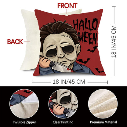 Pycat Halloween Horror Movie Characters Decorative Throw Pillow Covers 18 x 18 Set of 4, Red Black Scary Grim Reaper Mask Porch Outdoor Home Decor, Scream Bloody Knives Bat Sofa Couch Cushion Case