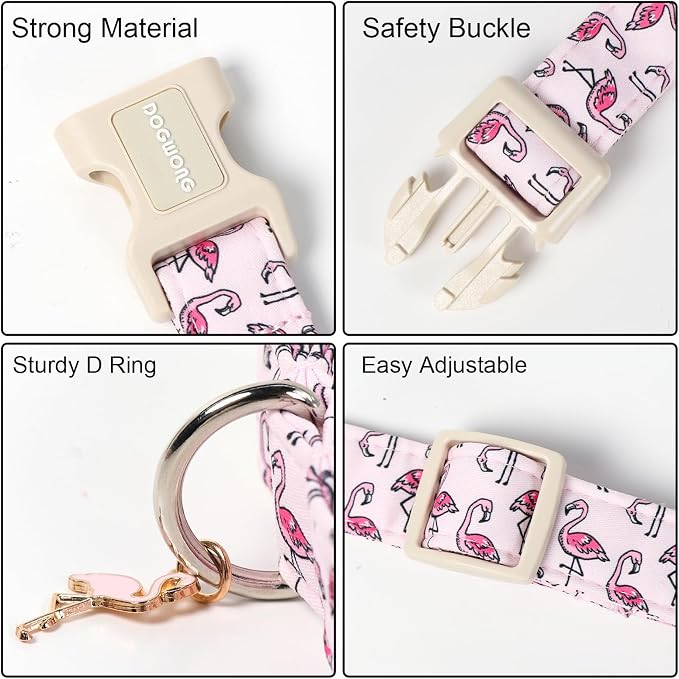 DOGWONG Cute Pet Dog Collar Pink Flamingos Cotton Dog Collar- Soft Girl Puppy Adjustable Pet Collars for Small Medium Large Dogs,XL