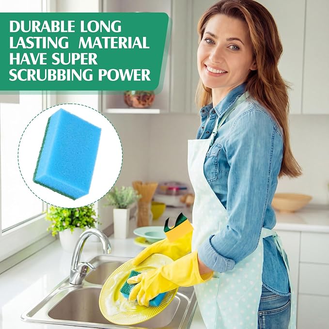 Patelai 100 Pcs Heavy Duty Sponges Kitchen Bulk Dish Sponges Scrub Sponge Abrasive Scrubber Cleaning Sponge Non Scratch Scouring Absorbent Dish for Washing Kitchen (Blue)