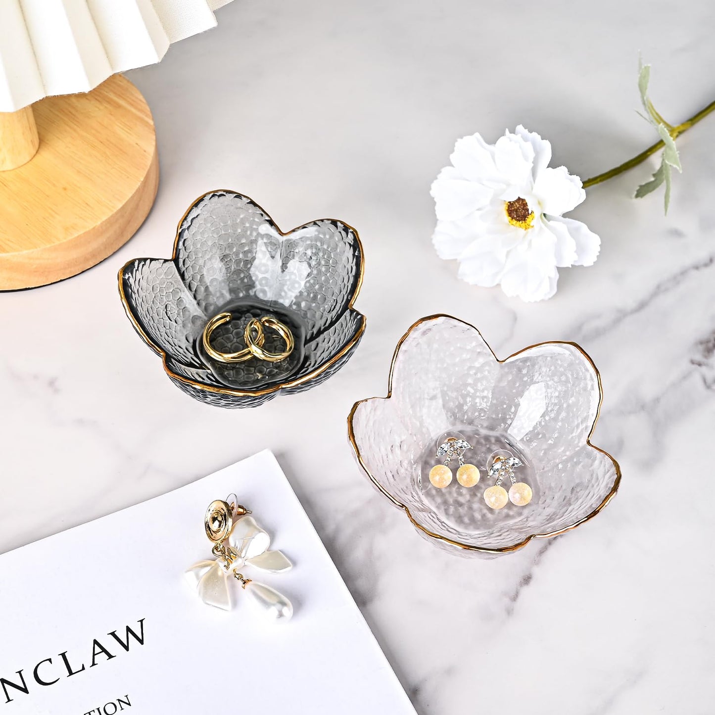 Koythin 3-Piece Glass Jewelry Tray, Small Trinket Holder for Necklace Bracelet Earring, Ring Holders for Bathroom, Aesthetic Trinket Dish, Flower Nightstand Decor for Girl Mom (Transparent White)