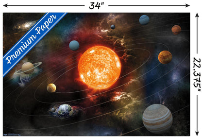 Orbiting Solar System Wall Poster, 34L" x 22.4W", Premium Poster & Mount Bundle