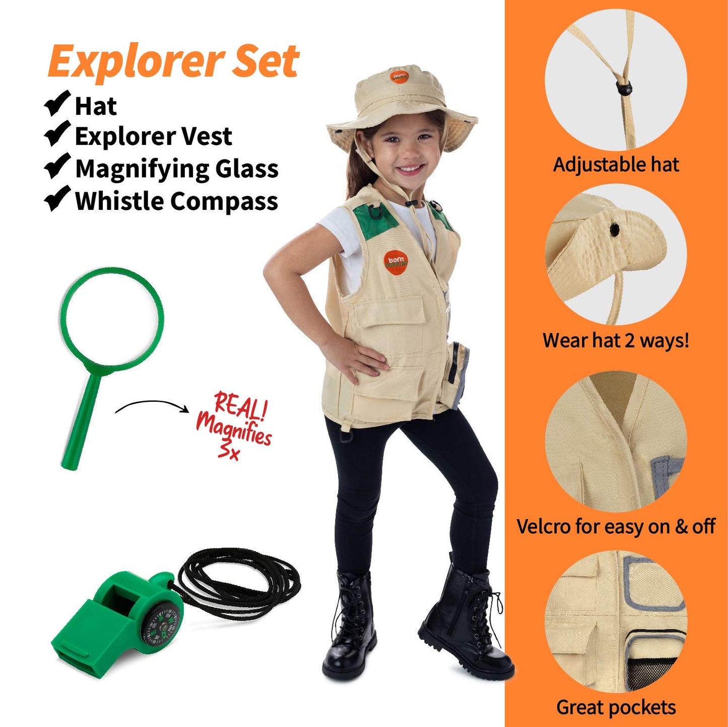 Born Toys 3-in-1 Toddler Dress Up Clothes for Boys & Girls Ages 3-7, Scientist, Gardener, Explorer or Safari Outfit, Pretend Play Outdoor Adventure Set, Washable Costumes for Kids, STEM Gift Ready Set