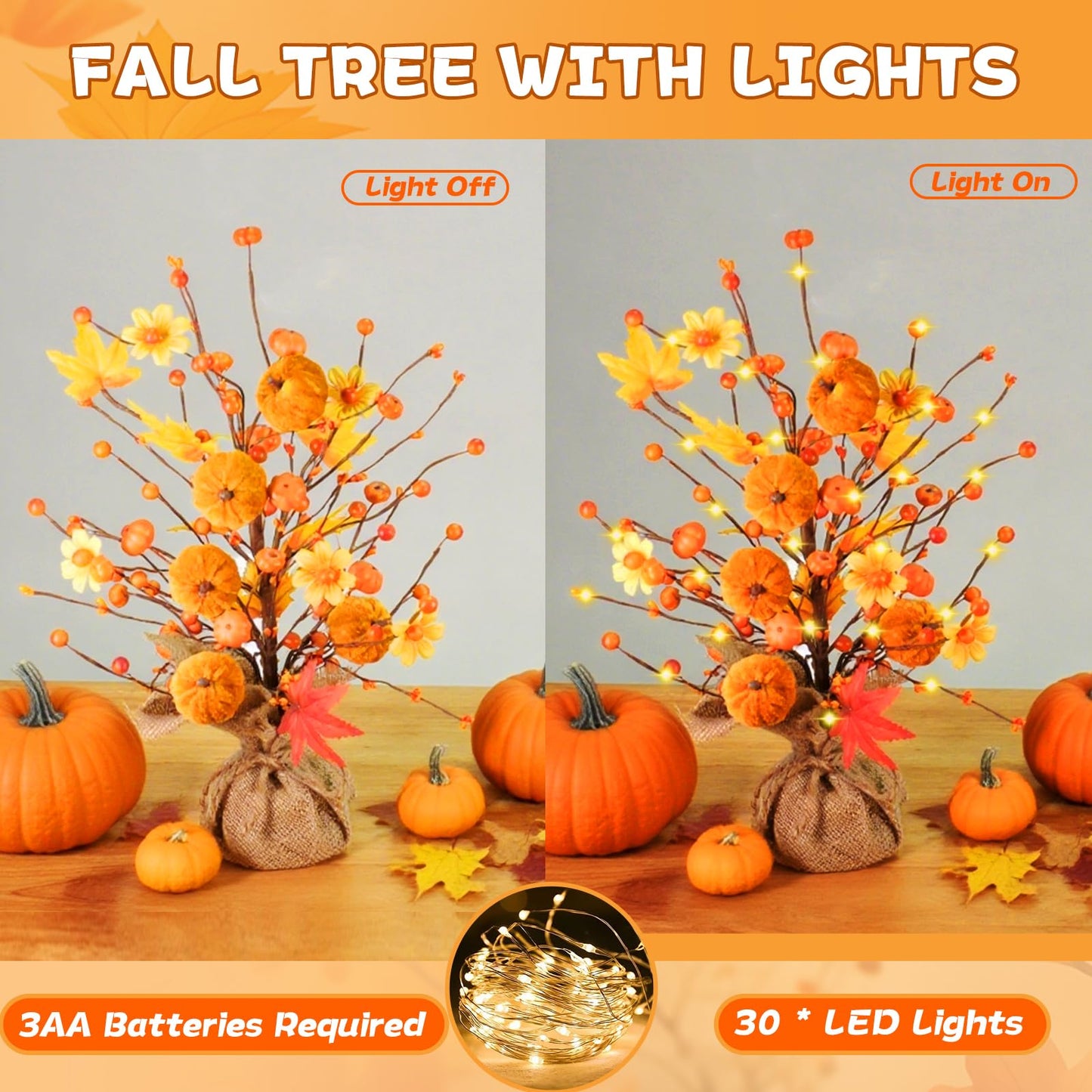 jabeick Fall Decorations for Home, 1 Pack 24 Inch Artificial Fall Pumpkin Berry Maple Leaf Tree with Lights for Tabletop Thanksgiving Autumn Harvest Indoor Decor