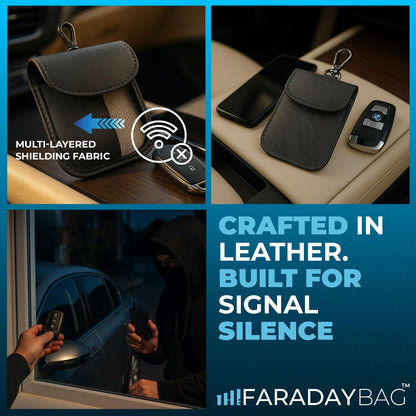 Real Leather Faraday Pouch for Key Fob Signal Blocker Protector - Faraday bags for car keys - RFID Blocking Sleeves (Grey)