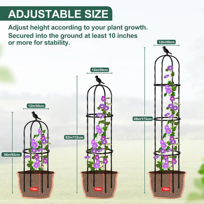 FOLLOOK Garden Obelisk Trellis for Climbing Plants Outdoor, Lightweight Climbing Plant Support Flower Roses Clematis Vegetable Light Vines Round Trellis for Raised Garden Bed Planter, Black, 2 Pack