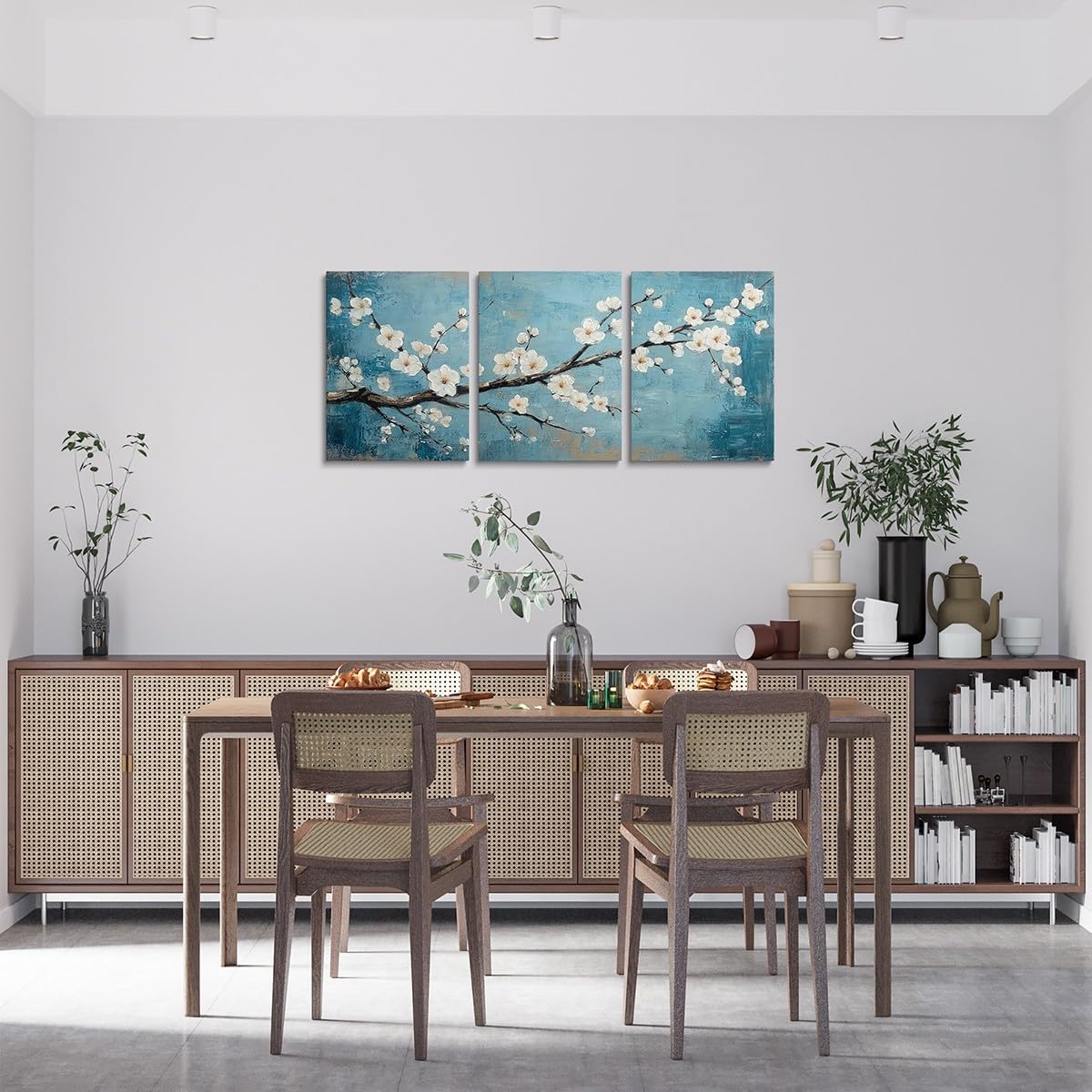 jejeloiu White Plum Blossom Canvas Wall Art for Living Room Bedroom 12"x16"x3pcs Teal Blue Picture Wall Decor for Bathroom Floral Flower Branches Office Decorations Artwork Posters Botanical Painting