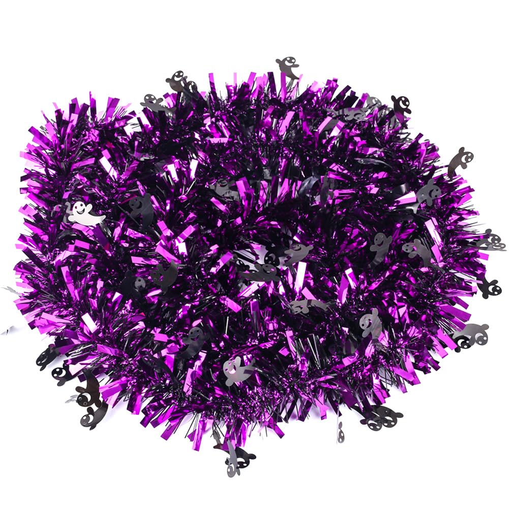 66 Ft Halloween Purple Tinsel Garland with Black Small Ghost Glitter Fluffy Tassel Twist Garland Hanging Decoration for Halloween Home Tree Ornaments Holiday Indoor Outdoor Party Decorations