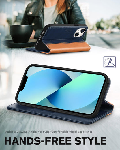 TUCCH Case for iPhone 13 Wallet Case 5G, [Card Holder] Slots Folio PU Leather Cover, Kickstand Flip Case with [TPU Shockproof Interior Case] Compatible with iPhone 13 6.1-inch 2021, Brown & Dark Blue