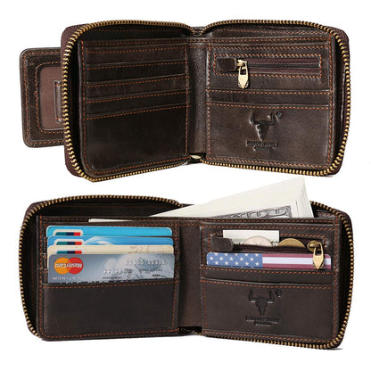 MING CLAN Leather RFID Blocking Bifold Wallet For Men With Zipper, Flap ID Window Zip Coin Pocket, Big Capacity Credit Card Holder For Travel