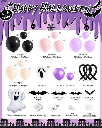 Halloween Balloon Arch Kit, OTLGEUA 127Pcs Pink Halloween Party Decorations Include Black Pink White Purple Balloons Garland, Spider Web, Bats, Ghost Foil Balloon