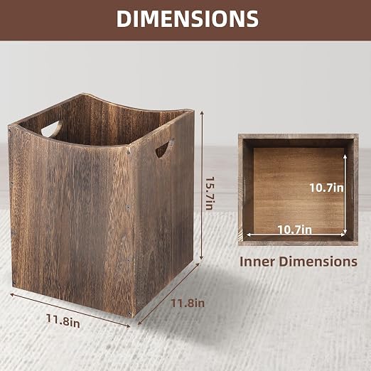 2 Pack Large Wooden Trash Can 9 Gal Curved Design Office Waste Basket, Square Farmhouse Garbage Can, Brown Vintage Wood Trash Can Storage Basket With Handles for Bedroom Office Living Room Decorative