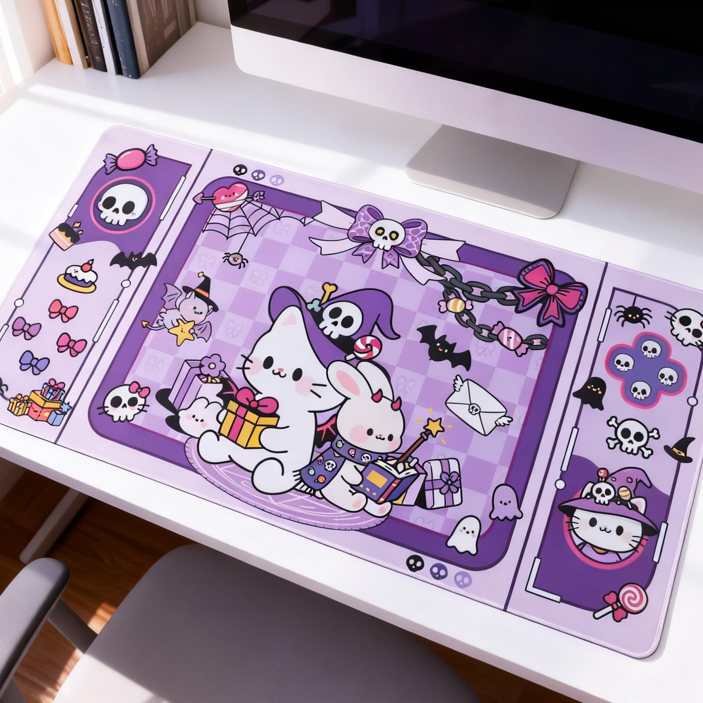 PERFECTSIGHT Cute Cat Desk Pad Kawaii Kitty Desk Mat, Large Gaming Mouse Pad, Funny Halloween Deskmat Mousepad, Anime Laptop Keyboard Pad Office Home Decor for Women Girls, Purple