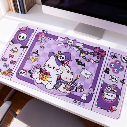 PERFECTSIGHT Cute Cat Desk Pad Kawaii Kitty Desk Mat, Large Gaming Mouse Pad, Funny Halloween Deskmat Mousepad, Anime Laptop Keyboard Pad Office Home Decor for Women Girls, Purple