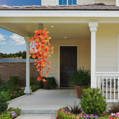2 Pack Artificial Fall Plants Hanging Orange Vines Potted Fall Foliage Fake Pothos Trailing Plant Autumn Decoration for Indoor Outdoor Thanksgiving Bathroom Wall Kitchen Room Shelf Decor (Black Pot)