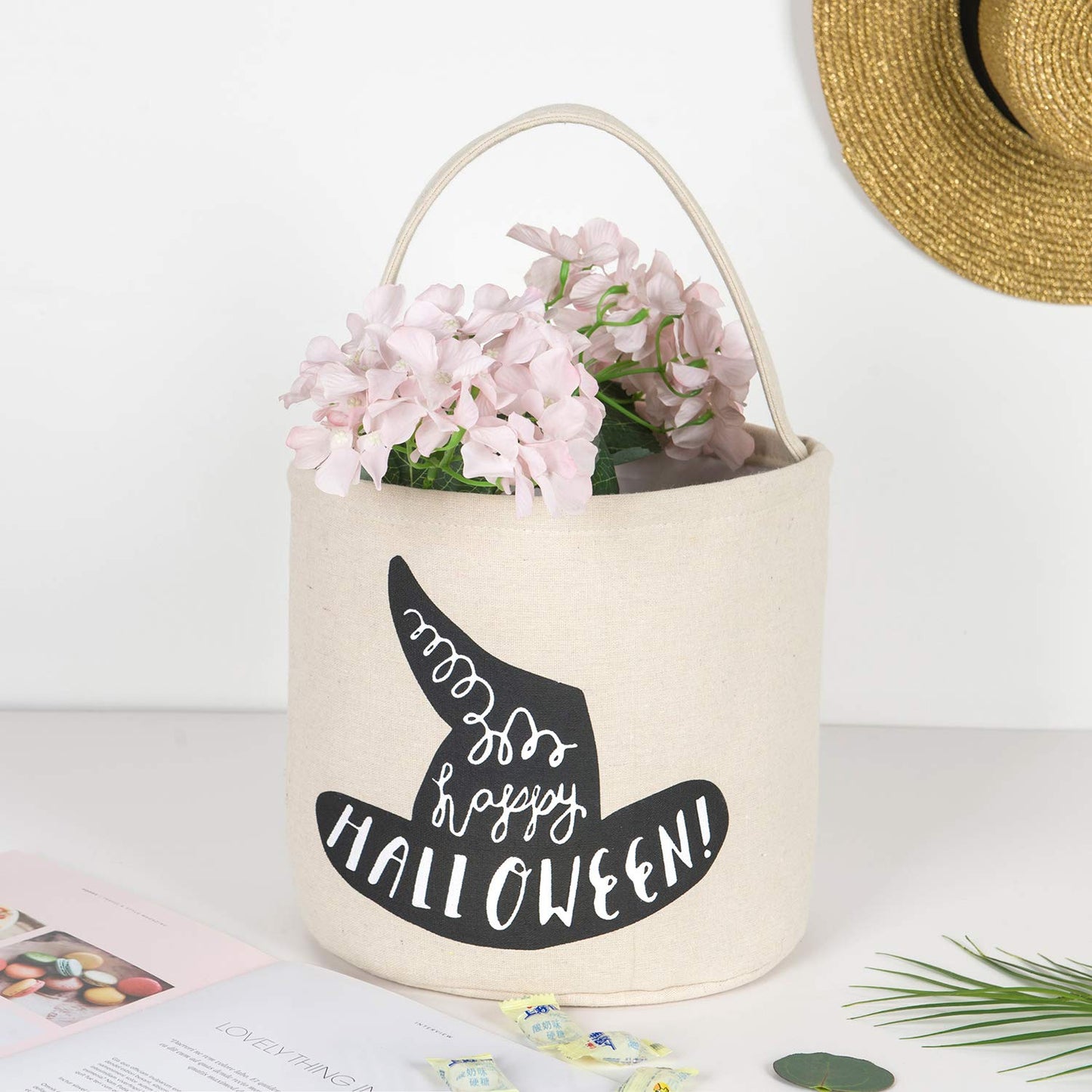 3 Pcs Halloween Trick or Treat Bucket - Candy Basket Tote Bag for Kids（Magic Hat, Ghost, Bat）