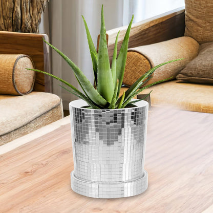 Outanaya Disco Planter Pot for Indoor and Outdoor Succulents Plastic Flowerpot with Silver Mirror Finish Small Decorative Container for Home and Garden