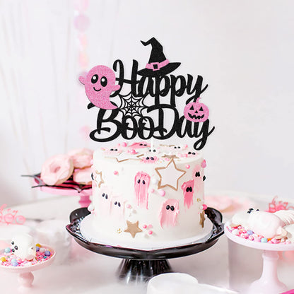 Happy Boo Day Cake Topper Pink and Black Halloween Cake Decoration Halloween Ghost Witches Bat Spider Pumpkin Theme for Kids Girl Birthday Baby Shower Party Supplies