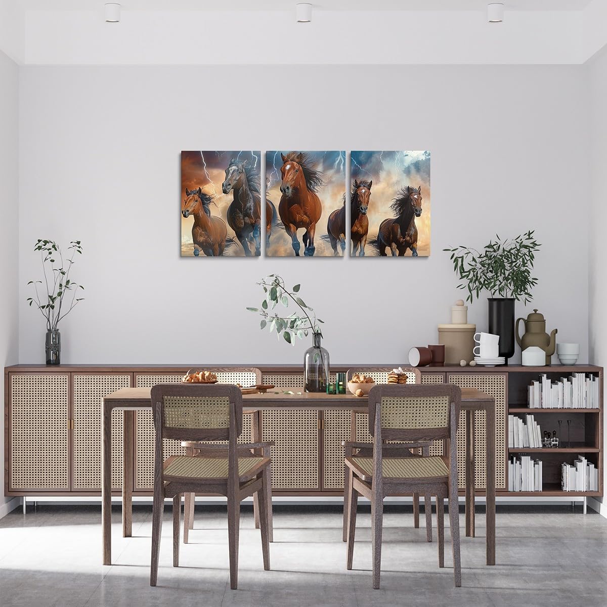 Boho Horse Canvas Wall Art Set of 3 for Living Room Bedroom, Blue Lightning Paintings Wall Decor 3D Bohemian Exotic Black Brown Wild Animal Horse Wall Art Western Farmstyle Poster Prints
