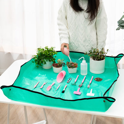 Melphoe 25Pcs Mini Garden Hand Transplanting Succulent Tools Set, 39.4" Thickened Repotting Mat & Plant Tag, Miniature Planting Indoor Fairy Care, Potting, Cactus, Houseplant Bonsai Tool Kit (Pink)