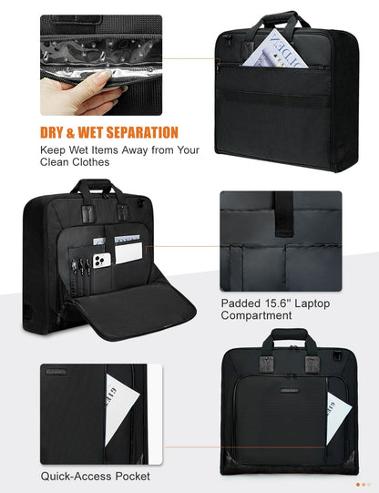 Noozion Garment Bag for Travel, Large Carry On Suit Bag for Business Up to 3 Suits, Wrinkle Free Garment Bag for Hanging Clothes with Shoulder Strap, Laptop Compartment, and Wet-Dry Pocket
